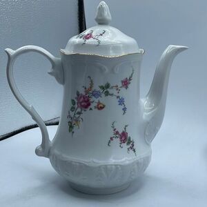 Vintage Wtoctawek Poland white porcelain teapot  gold rimmed floral .